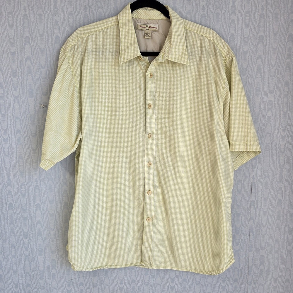 Tommy Bahama Mens XL Button Down Shirt Cotton Tencel Floral Gingham Yellow Green